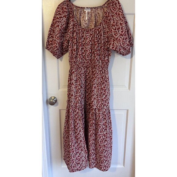 Apiece Apart Red Floral Midi Dress Organic Cotton Pockets Cut Out Back. SZ LG - Picture 3 of 10